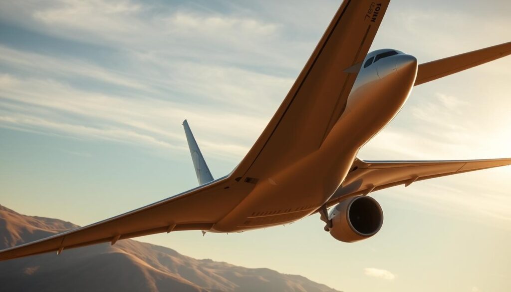 A sleek, silver Boeing 787 Dreamliner gracefully soaring through the sky, its distinctive wings outstretched, as it embarks on its inaugural flight. The scene is bathed in warm, golden light, with the sun's rays reflecting off the aircraft's polished surface, creating a sense of power and majestic progress. In the background, a picturesque landscape of rolling hills and a cloudless azure sky sets the stage for this historic moment. The camera angle is slightly elevated, allowing the viewer to appreciate the full scale and elegance of the 787's design, while capturing the excitement and anticipation of this long-awaited delivery delay.