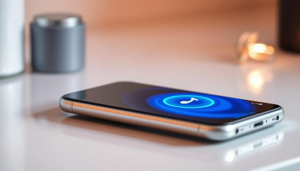 A sleek, silver iPhone resting on a clean, minimalist desk, its screen illuminated with a vibrant, pulsating "Klingelton" icon. Soft, diffused lighting creates a warm, inviting atmosphere, while a hint of depth-of-field blurs the background, drawing the viewer's attention to the phone's elegant design. The scene exudes a sense of modern, sophisticated technology, perfectly capturing the essence of the "Klingeltöne für iPhone: Eine besondere Herausforderung" section.