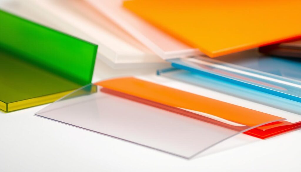 A sleek, transparent sheet of polycarbonate material takes center stage, its smooth surface catching the warm, directional lighting from above. In the background, a variety of other plastic samples are arranged, showcasing their diverse textures and colors - from the matte finish of ABS, to the glossy sheen of acrylic, to the flexible, rubbery feel of silicone. The scene conveys the versatility and desirable properties of plastics, such as their lightweight, durability, and customizability, which make them integral to modern life and industry.