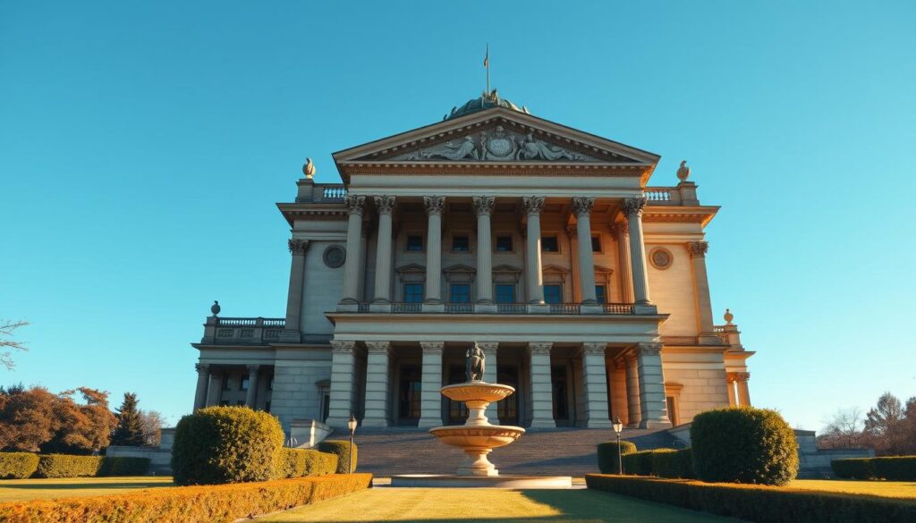 A soaring, neoclassical governmental building, adorned with ornate columns and intricate architectural details, stands proudly against a backdrop of a clear, azure sky. The structure's imposing presence commands attention, symbolizing the constitutional anchoring of Berlin as the capital of Germany. Soft, warm lighting illuminates the scene, casting gentle shadows that accentuate the building's grandiose features. In the foreground, a manicured garden with neatly trimmed hedges and a central fountain creates a sense of order and formality, reflecting the significance of the subject matter. The overall atmosphere conveys a sense of stability, authority, and the enduring presence of Berlin's constitutional status.