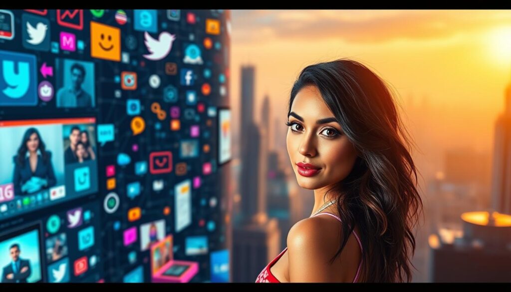 A social media landscape with a central figure representing Georgina Rodriguez, the famous influencer. The foreground shows Georgina posing confidently, her gaze directed at the viewer. She is surrounded by vibrant, stylized social media icons, symbols, and digital elements that reflect her online presence and influence. The middle ground features a busy, interconnected network of screens, devices, and data streams, hinting at the complex world of modern digital media. The background presents a softly blurred cityscape, conveying a sense of the global reach and impact of social platforms. Warm, cinematic lighting illuminates the scene, creating a visually striking and aspirational atmosphere that captures Georgina's meteoric rise as an influential figure in the digital age.