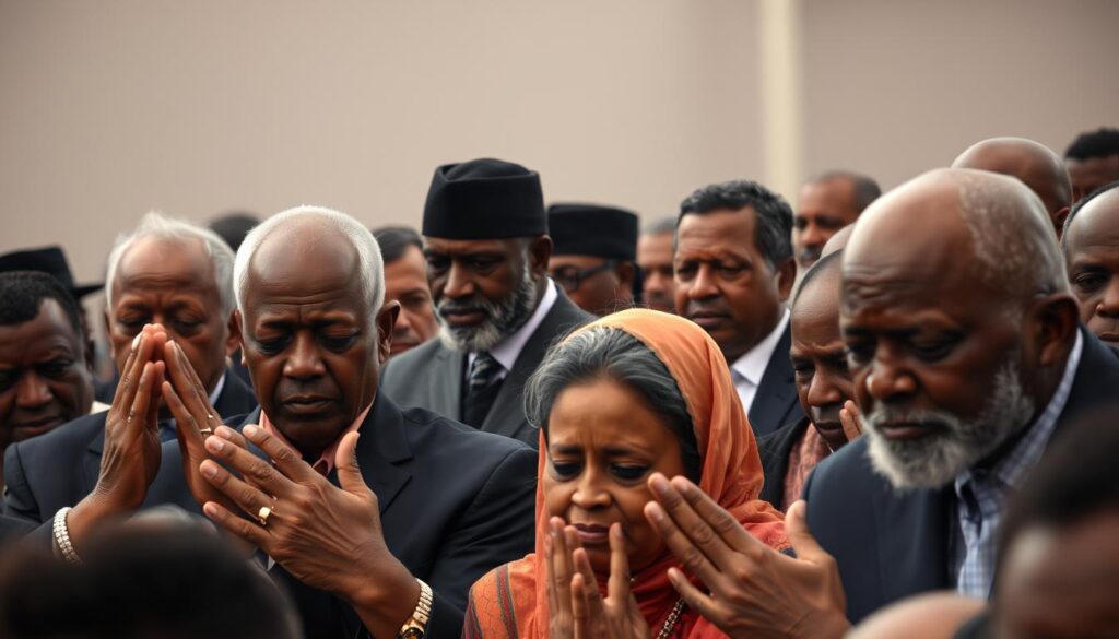 A solemn gathering of prominent mourners at Diogo Jota's funeral, their faces etched with grief. In the foreground, a group of close friends and family members offer tribal gestures of condolence, their expressions somber and reverent. The middle ground captures the arrival of high-profile figures, their attire and posture conveying a sense of profound loss. Against a muted, atmospheric backdrop, the scene is illuminated by soft, diffused lighting, lending an air of quiet contemplation to the proceedings. The overall mood is one of profound sadness, tempered by a shared sense of solidarity and respect for the departed.