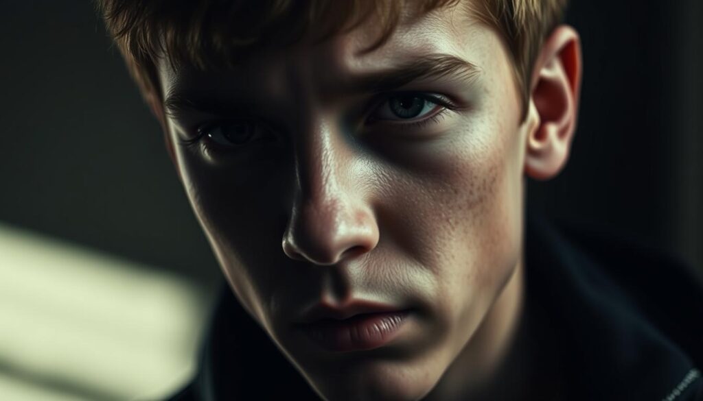 A somber close-up portrait of Ethan Raines, his face etched with grief and anguish. Soft, moody lighting casts dramatic shadows, emphasizing the haunted look in his eyes. The background is blurred, keeping the focus solely on his emotive expression, conveying the anguish and heartbreak over the tragic loss of his sister Mikayla. The image evokes a sense of profound sorrow and the weight of a profound personal tragedy.