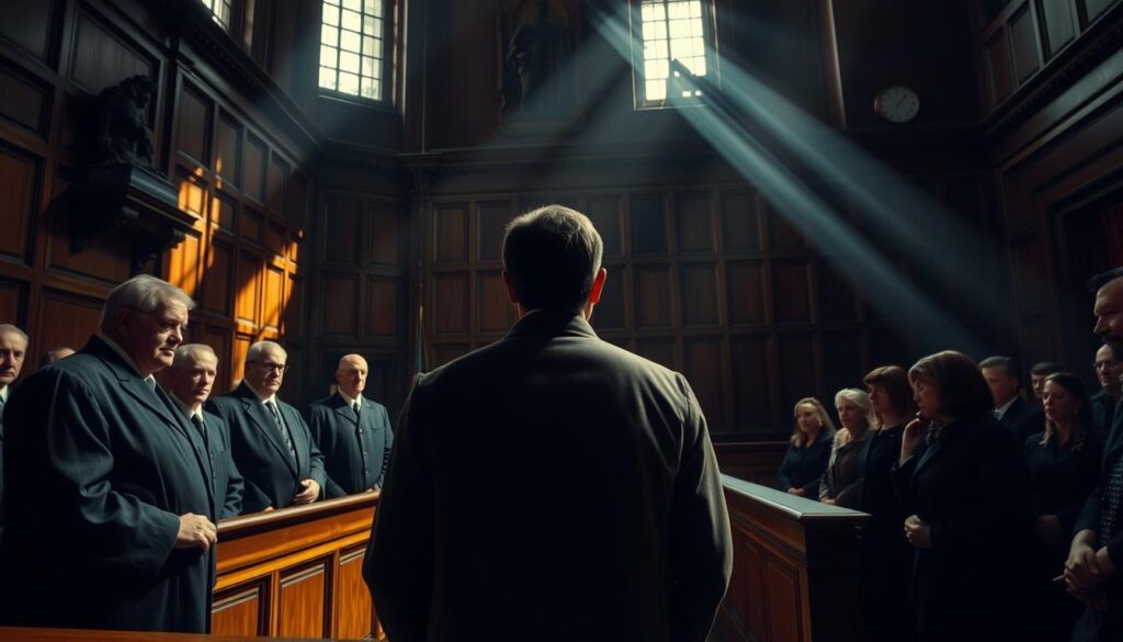 A somber courtroom scene in Dresden, Germany. The defendant stands before a panel of stern-faced judges, their expressions grave and unyielding. Sunlight streams through high windows, casting dramatic shadows across the wood-paneled walls. The atmosphere is tense, the air thick with anticipation as the proceedings unfold. In the gallery, spectators lean forward, their faces etched with concern. The camera angle captures the drama from a slightly elevated perspective, highlighting the weight and gravity of the moment. Muted tones of grey, brown, and ochre predominate, conveying a sense of seriousness and solemnity befitting the gravity of the trial.