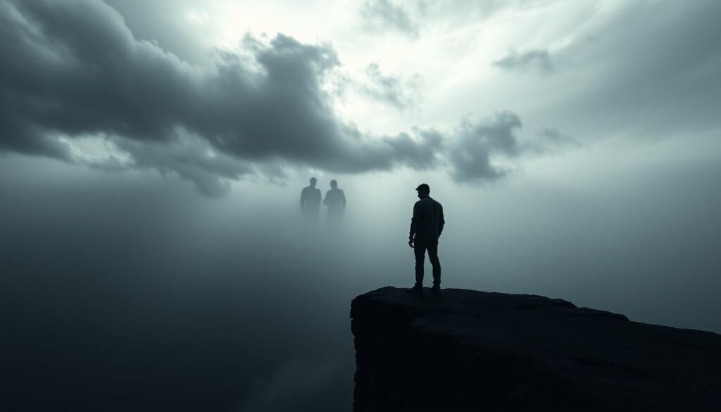 A somber landscape depicting the risk factors for suicide. In the foreground, a lone figure standing on the edge of a cliff, their silhouette framed against a stormy sky. Swirling clouds and a somber, muted color palette convey a sense of despair and isolation. In the middle ground, vague shapes and shadows suggest the presence of other figures, each grappling with their own inner turmoil. The background is shrouded in a hazy, atmospheric mist, hinting at the complexities and unseen challenges that can lead to suicidal ideation. Soft, directional lighting casts a haunting, pensive mood over the entire scene. The composition and tonality evoke the delicate and deeply personal nature of the topic, inviting the viewer to reflect on the nuances of mental health and the unique struggles faced by men and women.