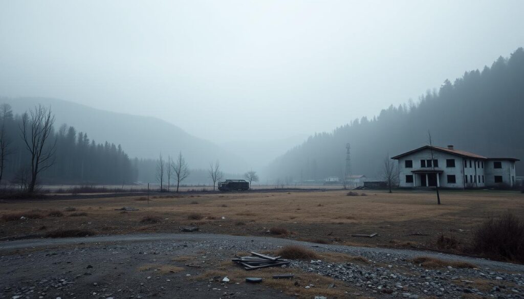 A somber landscape, the UN-designated safe zone of Srebrenica, now a haunting memorial to the genocide that unfolded here. Barren hills and empty buildings stand in mute witness, a heavy silence pervading the air. Faint traces of armed presence linger, a failed promise of protection. The scene exudes a melancholic tension, a stark reminder of the international community's failure to act, allowing unspeakable atrocities to occur. Soft, muted hues cast a somber mood, while a sense of abandonment and profound sorrow permeates the scene. This image aims to capture the essence of a tragedy that shook the world, a cautionary tale of the consequences of inaction in the face of human rights abuses.