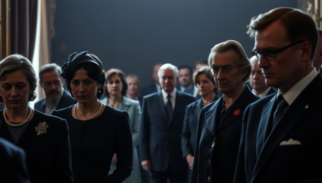 A somber royal procession, members of the Swedish royal family solemnly gathered, their expressions pensive and weary. Softly lit by muted natural light, their formal attire and posture convey the gravity of the situation. In the middle ground, a group of concerned-looking dignitaries stand in quiet contemplation. The background is a muted, almost monochromatic palace interior, hinting at the private, sensitive nature of the event. A sense of unease and discomfort permeates the scene, capturing the emotional turmoil of the "affected members of the royal household" in the wake of the security breach.