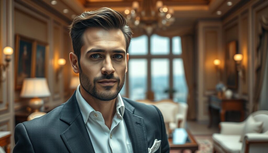A sophisticated portrait of Jeremy Fragrance, the renowned German perfume influencer, standing confidently against a backdrop of opulent elegance. The foreground captures his stylish, tailored attire and a sophisticated expression, exuding an aura of affluence and success. The middle ground features a tastefully designed office or study, adorned with fine furniture, artwork, and subtle lighting that enhances the sense of wealth and refinement. The background subtly suggests a luxurious mansion or penthouse, hinting at the vast resources and financial empire that Jeremy Fragrance has amassed through his entrepreneurial ventures and popular fragrance brand. The overall scene conveys an impression of Jeremy Fragrance's substantial net worth and the lavish lifestyle it has afforded him.