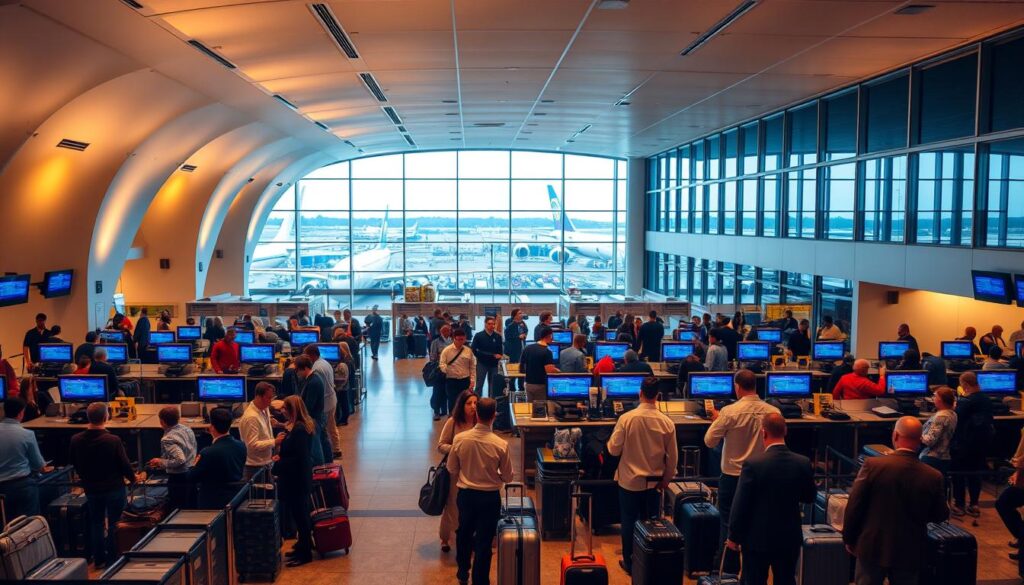 A spacious airport check-in area with rows of desks and kiosks, illuminated by warm, diffused lighting. In the foreground, passengers queue patiently, their luggage at the ready. The middle ground features airline staff assisting travelers, their uniforms crisp and professional. In the background, the sleek, modern architecture of the airport terminal is visible, with large windows overlooking the tarmac. The scene conveys a sense of organized efficiency, with a touch of hustle and anticipation for the journeys ahead. The overall mood is one of calm productivity, capturing the essential experience of the airport check-in process.