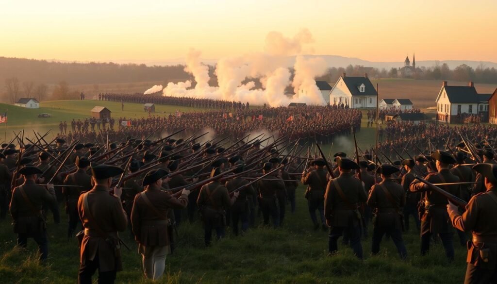 A sprawling battlefield at dawn, the rolling hills of Lexington and Concord, Massachusetts. In the foreground, musket-wielding colonial militia stand resolute, their weathered faces illuminated by the first golden rays of the sun. Behind them, British redcoats advance with fixed bayonets, their scarlet uniforms and polished brass accoutrements gleaming. In the middle ground, plumes of gun smoke rise, obscuring the chaotic clash of the two armies. In the distance, the steeples and rooftops of the quaint colonial towns bear witness to the opening shots of the American Revolutionary War. The scene is imbued with a sense of momentous history, the dawn of a new nation's struggle for independence.