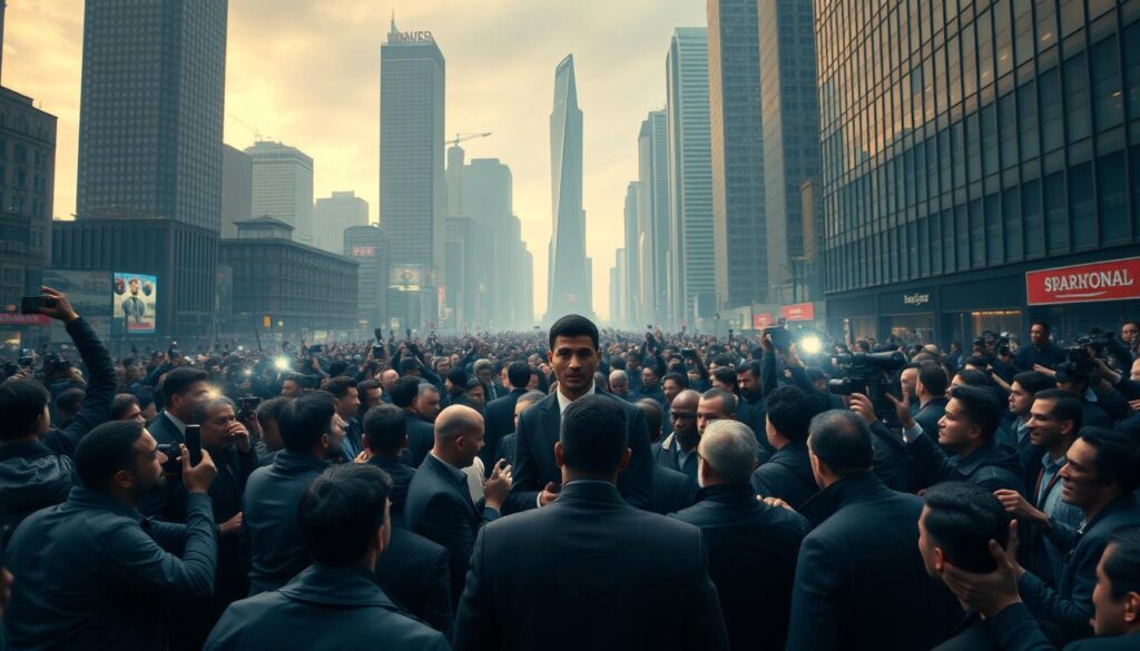 A sprawling, dynamic transfer market scene set against a backdrop of towering skyscrapers and bustling cityscapes. In the foreground, a cluster of agents, scouts, and team executives huddle in intense negotiations, their body language and facial expressions conveying a palpable sense of tension and uncertainty. Amidst the chaos, a solitary figure, Nico Williams, stands apart, his gaze steadfast and resolute, symbolizing the impact of his unexpected contract extension on the surrounding maelstrom. The lighting is a moody blend of cool urban tones, punctuated by the occasional flare of camera flashes, creating an atmosphere of high-stakes drama and shifting power dynamics. The overall composition captures the far-reaching Auswirkungen, or effects, of Nico's decision on the broader transfer market landscape.