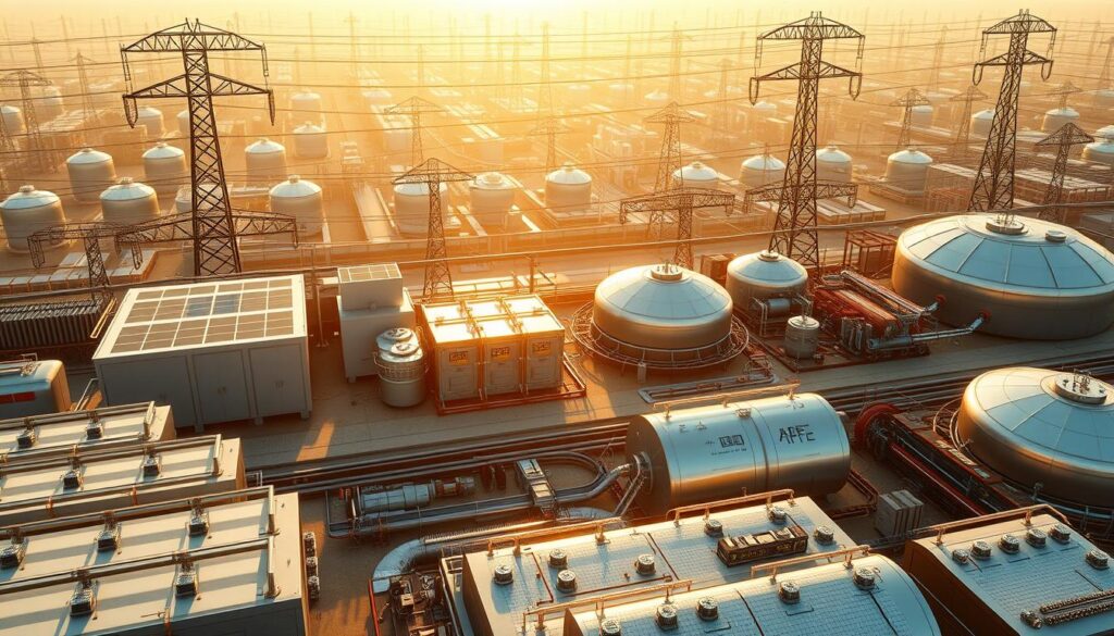 A sprawling futuristic energy storage facility, bathed in warm golden light and sleek metallic textures. In the foreground, modular battery banks and capacitor arrays hum with renewable energy, while in the middle ground, gleaming hydrogen fuel cell stacks and cryogenic liquid air storage tanks showcase cutting-edge technological solutions. The background features a sprawling network of smart grid infrastructure, with high-voltage transmission lines and intelligent control systems connecting this innovative energy storage hub to the broader power grid. The atmosphere is one of technological prowess and sustainable energy innovation, capturing the promise of a clean, resilient, and future-ready energy landscape.