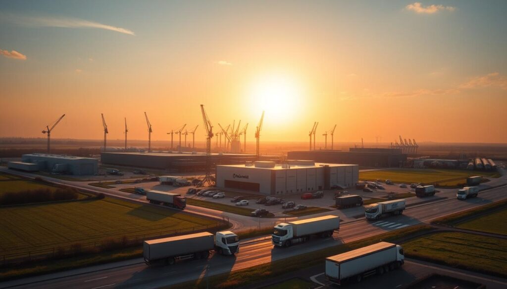 A sprawling industrial complex nestled in the Lüneburger Heide, the Rheinmetall Werk stands tall, a testament to Germany's manufacturing prowess. Towering cranes and gleaming steel structures dot the landscape, casting long shadows across the verdant fields. The facility's façade exudes a sense of precision and efficiency, with clean lines and modern architectural elements. In the foreground, a fleet of trucks and transport vehicles bustle about, delivering raw materials and finished products. The sky above is bathed in a warm, golden hue, illuminating the scene with a sense of purpose and industriousness. This is a place where the heartbeat of Germany's military-industrial complex resonates, a hub of activity and innovation.