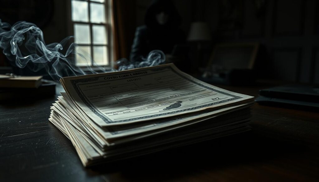 A stack of forged COVID-19 medical exemption certificates lies on a dark wooden desk, surrounded by a subtle haze of cigarette smoke. The documents appear weathered, their edges curled, suggesting a shadowy underground operation. In the background, an ominous silhouette stands by a window, their face obscured, hinting at the unseen forces behind this illicit activity. The lighting is dramatic, casting dramatic shadows that add a sense of tension and unease to the scene. The overall atmosphere conveys a sense of secrecy, deception, and the unsavory consequences of abusing the public's trust during a global health crisis.