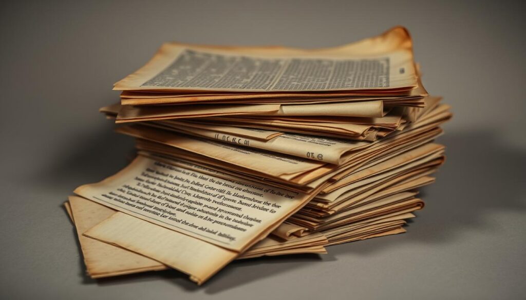 A stack of historical documents detailing past discrimination against LGBTQ+ individuals in the German military. The documents appear aged and weathered, conveying a sense of the painful past they represent. The background is a muted, neutral tone, allowing the focus to remain on the documents themselves. Soft, directional lighting casts subtle shadows, adding depth and dimension to the scene. The overall mood is one of solemn reflection, a visual representation of the difficult history this section of the article aims to explore.