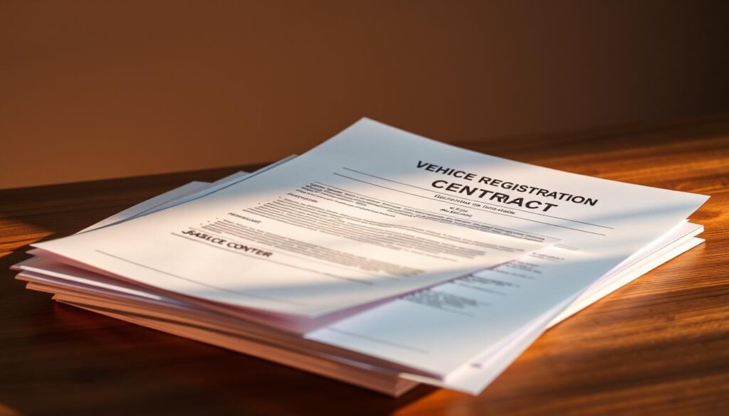 A stack of official-looking documents, including vehicle registration, sales contract, and insurance paperwork, neatly arranged on a wooden desk. The documents are illuminated by warm, directional lighting, casting subtle shadows and highlights that accentuate the textures of the paper. The background is a muted, neutral tone, allowing the documents to be the focal point. The overall mood is one of professionalism and attention to detail, conveying the importance of these legal and financial documents in the vehicle sale process.