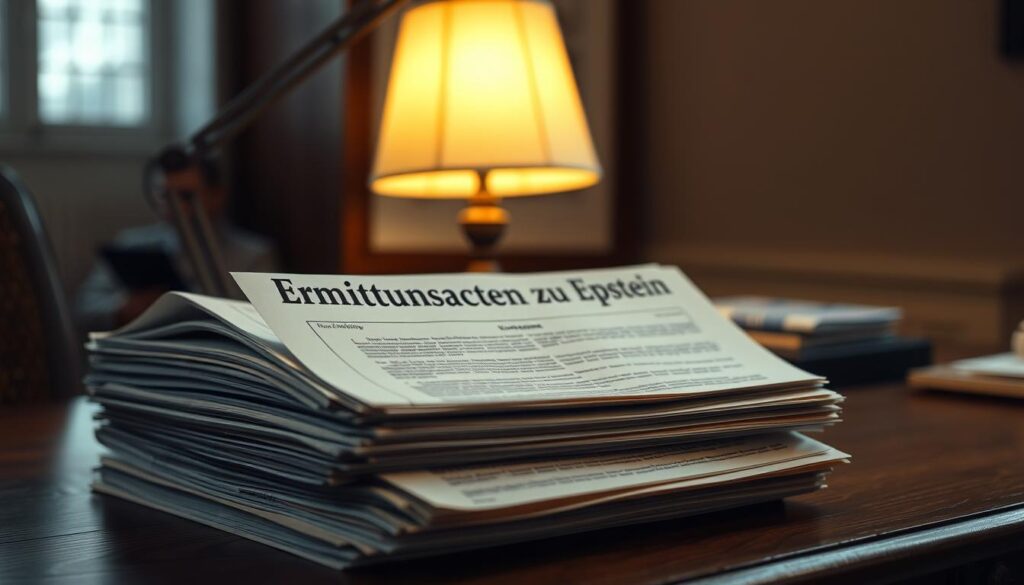 A stack of official-looking government documents marked "Ermittlungsakten zu Epstein" sits on a wooden desk, illuminated by a warm desk lamp. The papers appear to be filled with text and diagrams, hinting at the complex web of connections and investigations surrounding the Epstein case. The background is softly blurred, emphasizing the central focus on the files. The lighting creates a somber, serious atmosphere, conveying the gravity and importance of the subject matter. The scene is captured from a slightly elevated angle, giving a sense of authority and significance to the documents.