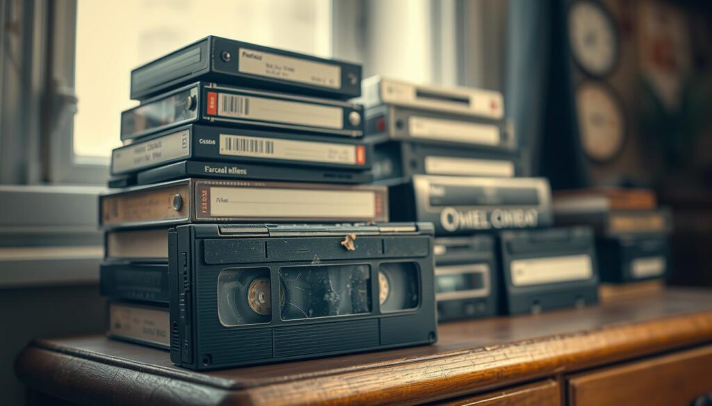 A stack of weathered, dusty video cassettes sits atop a wooden cabinet, their labels faded and worn. The soft, natural lighting filters through a nearby window, casting a warm, nostalgic glow across the scene. In the foreground, a single cassette stands out, its casing cracked and the tape visible, hinting at the memories it holds. The middle ground features an array of different cassette sizes and formats, each with its own unique character, while the background fades into a softly blurred, vintage-inspired setting, evoking a sense of a bygone era. The overall mood is one of nostalgia, preservation, and the desire to revive these forgotten relics of the past.