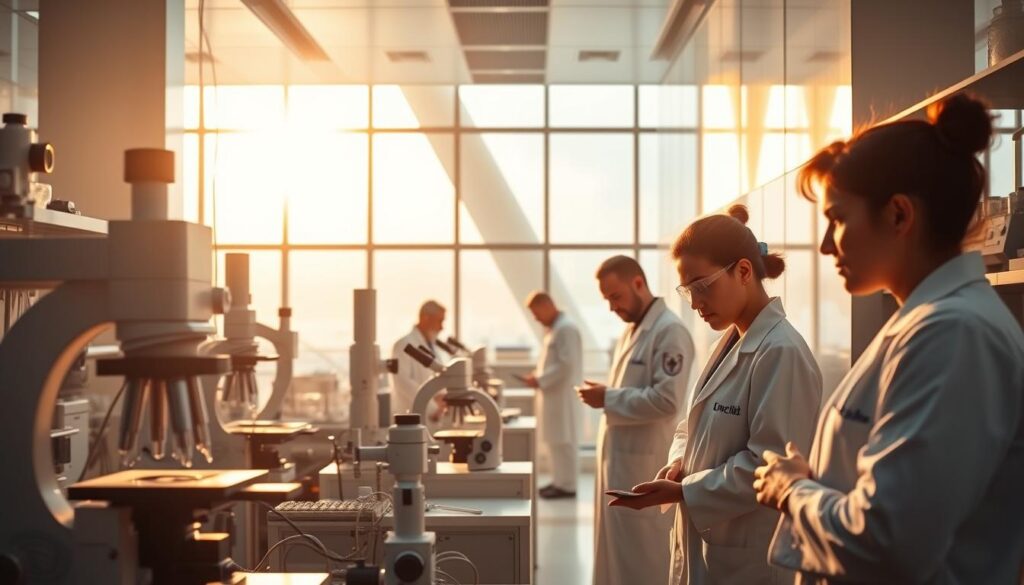 A state-of-the-art medical research laboratory, bathed in a warm, soft light that filters through large windows. In the foreground, intricate scientific equipment and microscopes stand ready for meticulous analysis. The middle ground features researchers in white coats, deeply engaged in their work, their expressions a mix of concentration and determination. In the background, a sleek, modern architecture frames the scene, conveying a sense of progress and innovation. The overall atmosphere evokes a relentless pursuit of understanding, a steadfast commitment to advancing the frontiers of cancer research.