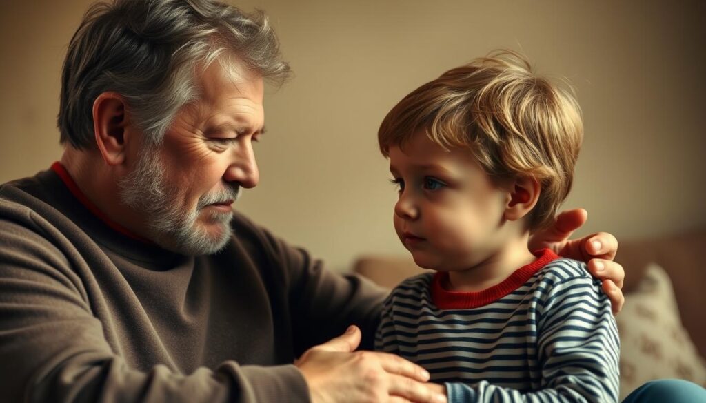 A stern yet caring Dieter Bohlen disciplining a young child with a firm yet compassionate gaze, set against a warm, muted living room backdrop. Subtle lighting casts a soft, intimate glow, capturing the delicate balance of discipline and affection in Bohlen's renowned parenting style. The child's expression conveys a mixture of trepidation and trust, reflecting Bohlen's renowned approach of "strict but loving". Captured with a medium-wide angle lens to emphasize the emotional connection between father and child.