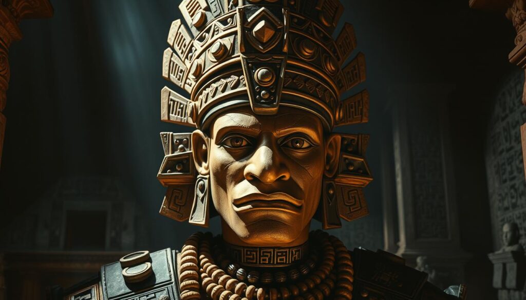 A striking, highly detailed portrait of K'inich Janaab' Pakal I, the renowned Maya king who ruled the city-state of Palenque for over 50 years. Pakal is depicted in a regal pose, adorned in ornate ceremonial headdress and regalia, his piercing gaze commanding attention. The scene is set in a dimly lit, atmospheric temple interior, with ornate stone carvings and hieroglyphic inscriptions visible in the background. Dramatic chiaroscuro lighting casts dramatic shadows, heightening the sense of power and mysticism surrounding this influential Maya ruler. The overall impression conveys the grandeur and sophistication of Maya civilization at the height of its classical era.
