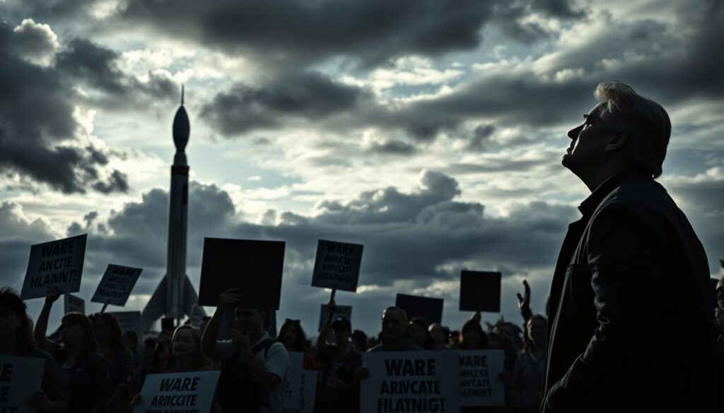A striking landscape depicting a debate over space exploration investments. In the foreground, a group of protesters stand with placards, their faces etched with concern. The middle ground showcases a towering rocket, its sleek design juxtaposed against the backdrop of a cloudy, moody sky. In the distance, a silhouetted figure resembling a prominent political leader gazes upwards, lost in contemplation. The scene conveys a sense of tension and division, as the controversy over prioritizing space initiatives rages on. Dramatic lighting casts dramatic shadows, emphasizing the gravity of the situation. Captured through a wide-angle lens, the composition draws the viewer into the heart of the debate.