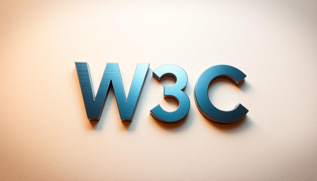 A striking, minimalist illustration of the World Wide Web Consortium (W3C) logo against a softly blurred, textured background. The iconic, interconnected "W" and "C" symbols are rendered in a sleek, metallic finish, casting subtle shadows that suggest depth and dimensionality. The overall composition conveys a sense of technological sophistication and the collaborative, standardizing role of the W3C in shaping the modern web. Diffuse, warm lighting creates a welcoming, approachable atmosphere, reflecting the organization's mission to make the web accessible to all.