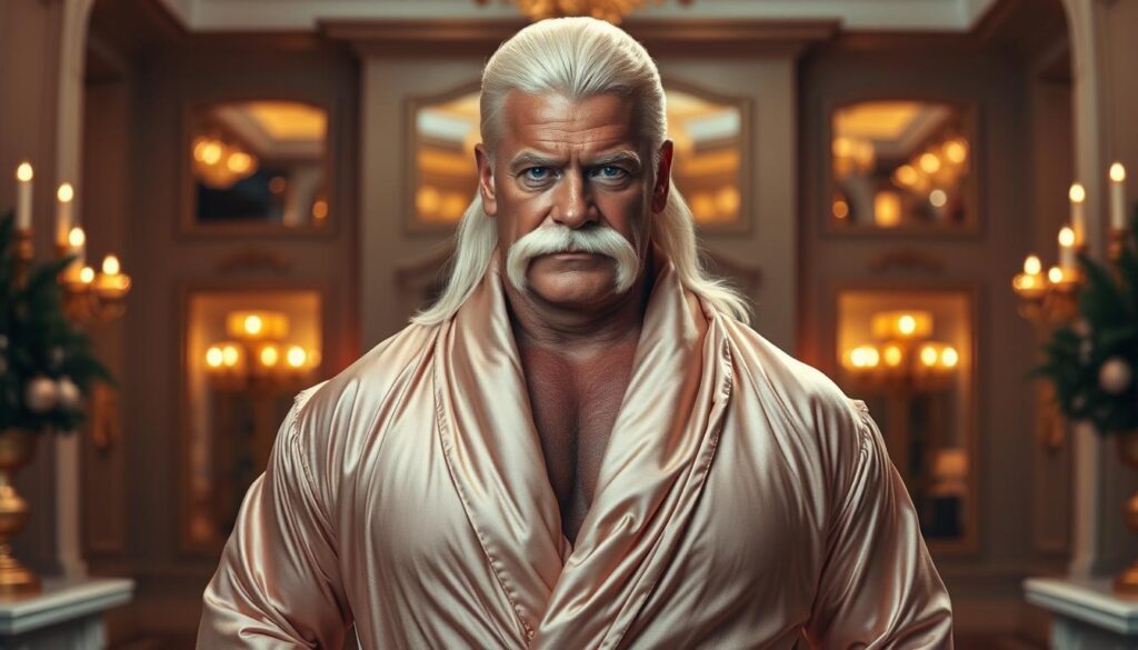 A striking portrait of Hulk Hogan, the legendary wrestler, captured in a state of power and prosperity. Set against a backdrop of a lavish mansion, the image exudes his larger-than-life persona and the immense wealth he amassed during his illustrious career. Hogan stands tall, his iconic blonde mustache and fierce gaze commanding attention, clad in a luxurious robe that drapes elegantly over his muscular frame. The lighting is soft and warm, accentuating the details of his rugged features and the opulence of his surroundings. The composition emphasizes Hogan's dominance and influence, both in and out of the ring, capturing the essence of his remarkable life story and the lasting impact he has had on the world of professional wrestling.