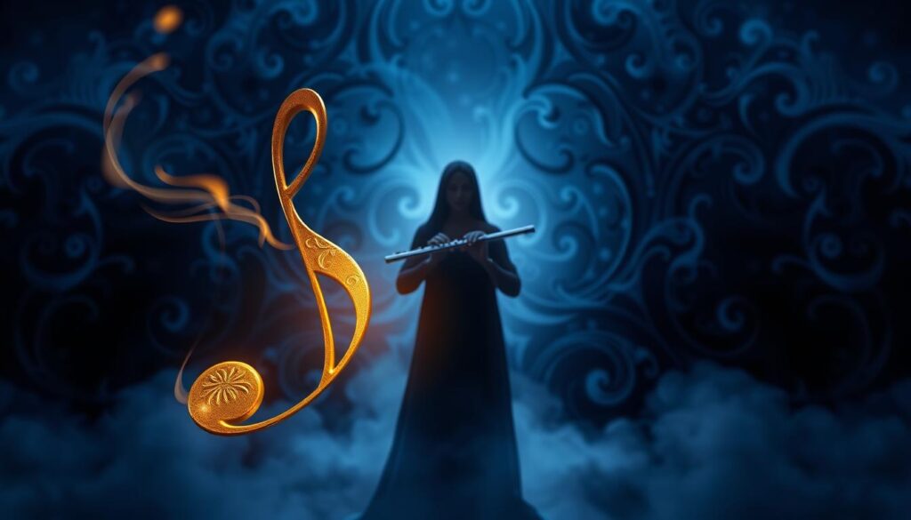 A stunningly ethereal representation of "Symbolik Licht und Dunkelheit" (Symbolic Light and Darkness), ideal for illustrating the "Zauberflöte - Bedeutung und Wirkung in der klassischen Musik" section. In the foreground, an ornate, golden music note floats, emitting a warm, radiant glow. The middle ground features a serene, shadowy figure holding a magical flute, bathed in an enigmatic half-light. Behind them, a dramatic backdrop of swirling, chiaroscuro-inspired patterns in shades of deep indigo and midnight blue, evoking the mystical, otherworldly essence of the classical composition. Soft, diffused illumination from an unseen source casts a mesmerizing, ethereal atmosphere, heightening the work's symbolic depth and timeless allure.
