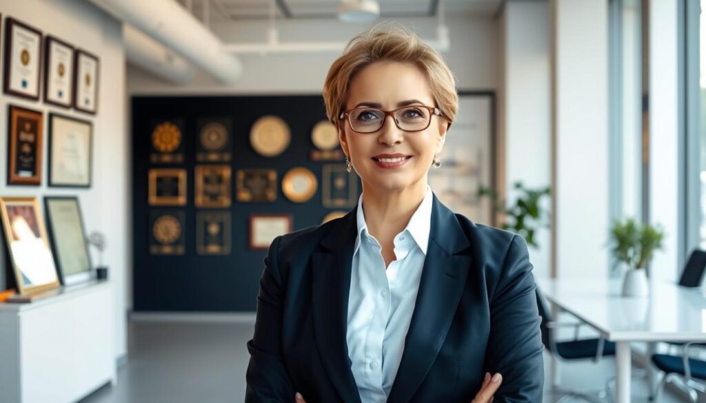 A stylish and confident Anne Wünsche standing in a modern, well-lit office setting. The foreground features her poised and professional, dressed in a tailored business suit, exuding an air of authority and success. The middle ground showcases an array of framed certificates and awards, highlighting her impressive career achievements. The background presents a sleek, minimalist workspace with large windows, allowing natural light to flood the scene and create a warm, productive atmosphere. The overall composition conveys a sense of Anne's hard-earned career triumphs and entrepreneurial prowess.