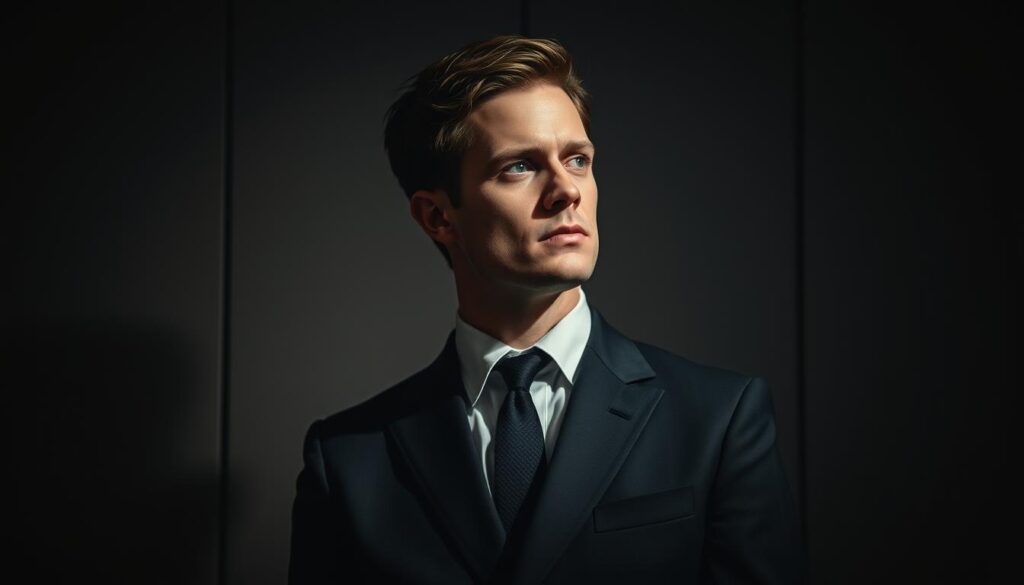A stylish and discreet portrait of Callum Izzard, the famous British media personality, set against a sophisticated backdrop. The subject is captured in a contemplative pose, dressed impeccably in a tailored suit, conveying an air of quiet confidence. Subtle lighting casts dramatic shadows, creating a moody, cinematic atmosphere. The frame is tightly composed, drawing the viewer's attention to Izzard's pensive expression, hinting at the personal scandals and controversies that have surrounded his private life. The overall aesthetic is one of subdued elegance, mirroring the complex and nuanced nature of the individual depicted.