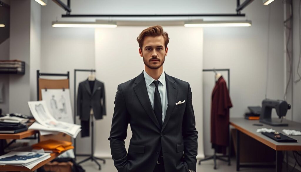 A stylish, high-fashion portrait of Elias Becker in a sleek, modern design studio. Elias stands confidently in the foreground, dressed in a sharp, tailored suit and styling a new clothing item he has designed. The middle ground features fashion sketches, fabric swatches, and sewing tools, hinting at his creative process. The background has a minimalist, well-lit backdrop, with clean lines and a modern, industrial feel that complements Elias' refined aesthetic. Soft, dramatic lighting creates a sense of focus and drama, highlighting Elias' poise and the refined elegance of his design work.