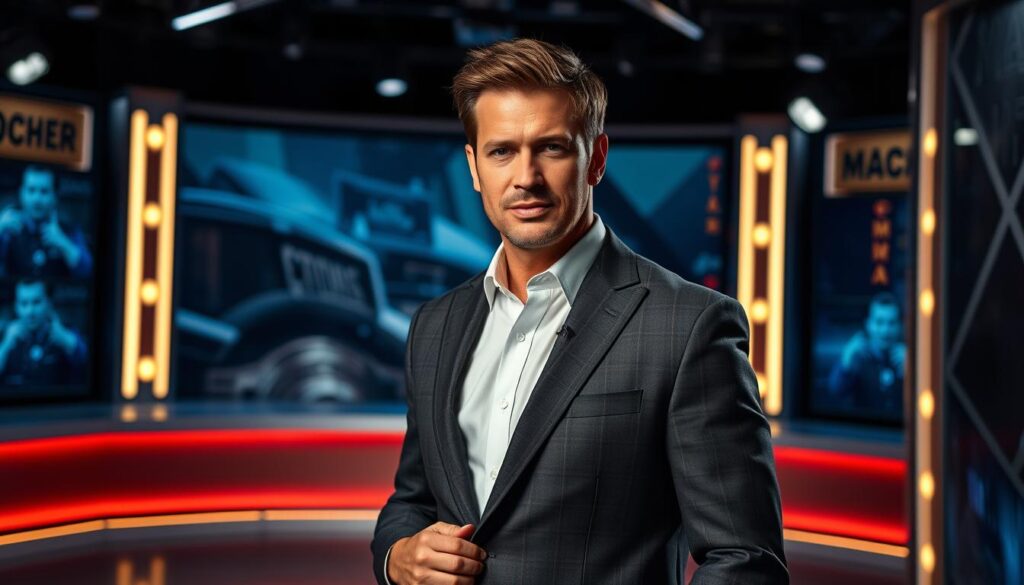 A stylish reality TV star Mike Cees, dressed in a tailored suit, standing confidently against a backdrop of a glossy television studio. The camera captures him in a medium shot, with dramatic lighting casting shadows that accentuate his chiseled features. The scene exudes a sense of professionalism and celebrity, hinting at his successful transition from a butcher to a prominent figure in the world of reality television. The overall atmosphere conveys a sense of Mike Cees' charisma and the captivating nature of his reality TV persona.