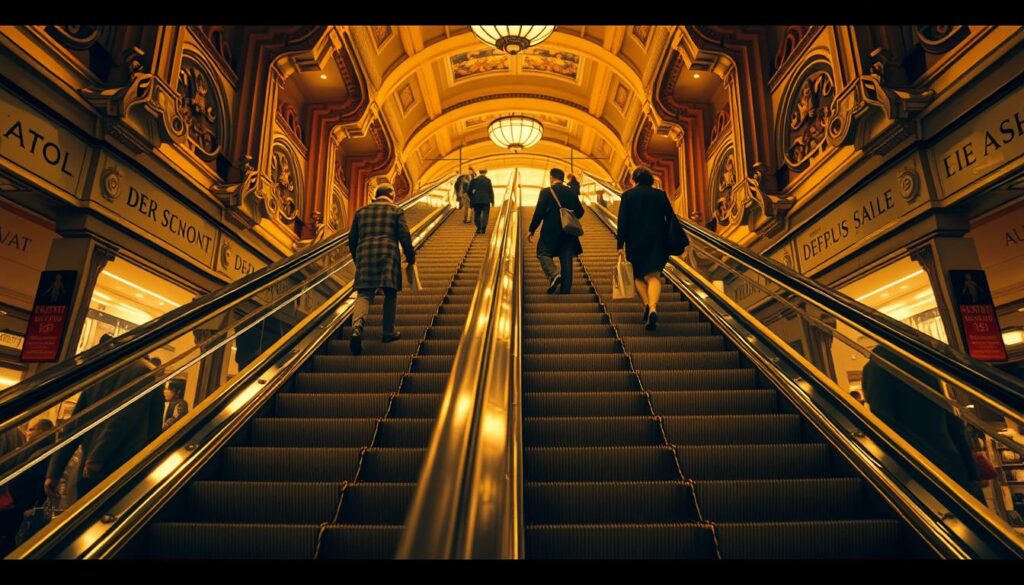 A stylized, cinematic depiction of an escalator against the backdrop of a bustling 1950s department store. Warm lighting casts a golden glow, highlighting the sleek, chrome-plated steps and railings. Shoppers ascend and descend, their silhouettes conveying a sense of progress and modernity. The escalator stands as a symbol of a prosperous, consumer-driven society, embodying the zeitgeist of post-war Germany's economic miracle. Architectural details, such as Art Deco-inspired flourishes, reinforce the historical setting. The overall composition evokes a sense of wonder, showcasing the escalator as a technological marvel that captivated the public imagination.