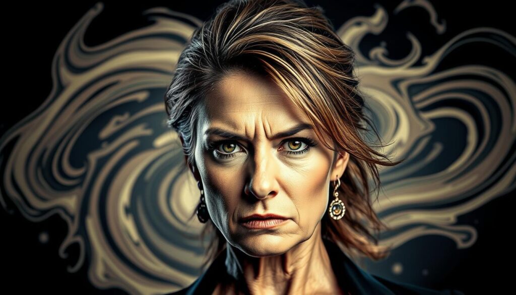 A stylized close-up portrait of Sophia Thomalla, a prominent German media personality, set against a backdrop of swirling, abstract forms and shapes. Her expression conveys a sense of defiance and unapologetic confidence, as if facing public scrutiny and controversy head-on. The lighting is dramatic, with sharp contrasts and deep shadows accentuating the intensity of her gaze. The overall composition suggests a blend of glamour, turbulence, and the complex public persona that Thomalla has cultivated over the years, reflecting the "Skandale und öffentliche Kontroversen" (Scandals and public controversies) section of the article.
