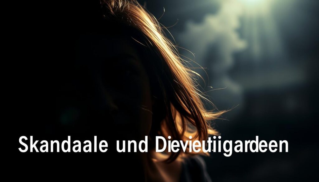 A stylized portrait of Inka Bause, German television personality, set against a backdrop of dramatic shadows and muted colors. In the foreground, Inka's face is partially obscured, conveying a sense of introspection and the challenges she has faced. The middle ground features swirling, turbulent elements, hinting at the "Skandale und Herausforderungen" that have characterized her life and career. The background is blurred and atmospheric, creating a sense of mystery and unease. Dramatic lighting from the side casts deep shadows, emphasizing the complexities and struggles Inka has navigated. The overall composition and mood evoke the tumultuous nature of the subject matter.