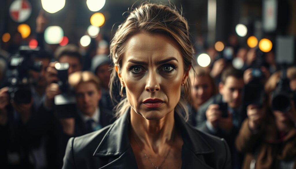 A stylized portrait of Jennifer Saro, a prominent public figure embroiled in various scandals and controversies. She stands in the foreground, her expression one of defiance and unease, against a blurred backdrop of flashing paparazzi cameras and a sea of reporters. Dramatic lighting casts sharp shadows across her face, heightening the sense of tension and unease. The composition is tightly framed, emphasizing the subject's central role in the scene. An atmosphere of unease and intense public scrutiny permeates the image, reflecting the tumultuous nature of the "Skandale und öffentliche Kontroversen" that have defined her public life.