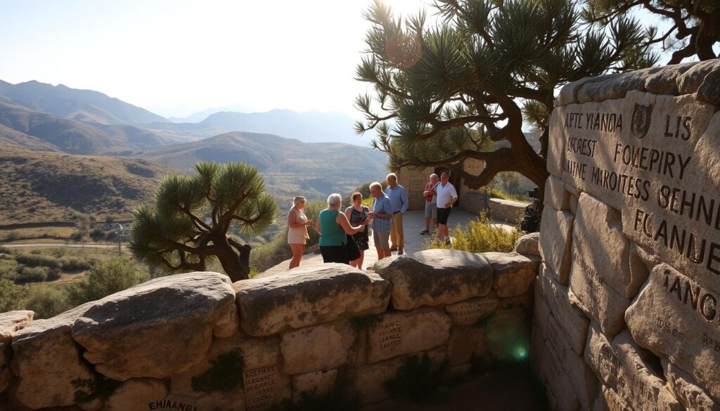 A sun-drenched Corsican landscape, rolling hills and rugged mountains in the distance. In the foreground, a weathered stone wall with intricate carvings and inscriptions, a testament to the island's ancient linguistic heritage. Sunlight filters through gnarled olive trees, casting a warm, golden glow over the scene. In the middle ground, a group of locals engaged in lively conversation, gesturing animatedly as they exchange the melodic, rhythmic tones of the Corsican language. The atmosphere is one of cultural vibrancy and linguistic richness, capturing the essence of this unique Mediterranean island and its distinctive linguistic identity.