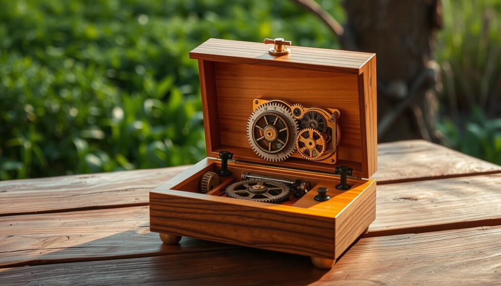 A sustainable, handcrafted music box stands on a rustic wooden table, its smooth lines and natural materials evoking a sense of timeless craftsmanship. Warm, soft lighting illuminates the intricate gears and mechanisms within, creating a mesmerizing dance of shadows and reflections. The box's surface bears the marks of its creation, a testament to the care and attention of its maker. In the background, a lush, verdant landscape frames the scene, hinting at the box's connection to the natural world. The overall atmosphere is one of tranquility, inviting the viewer to pause, listen, and appreciate the enduring beauty of sustainable design.