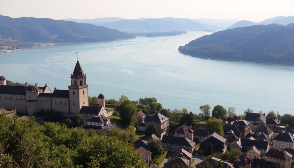 A sweeping landscape along the Danube River, its blue-green waters gently flowing through a verdant valley. In the foreground, a medieval castle stands tall, its imposing stone walls and turrets reflecting the river's surface. The middle ground features a quaint riverside town, its tiled roofs and cobblestone streets a testament to the river's long history. In the background, rolling hills and dense forests frame the scene, bathed in the warm glow of a late afternoon sun. The overall mood is one of timeless elegance and historical significance, capturing the Danube's enduring role as a vital waterway and cultural touchstone in Europe.