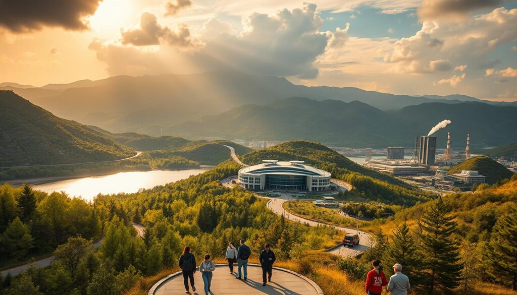 A sweeping landscape of North Korea's scenic mountains, dotted with vibrant green forests and a serene lake. In the foreground, a group of tourists wander along a winding path, admiring the natural beauty around them. The middle ground features a modern resort complex, its sleek architecture blending seamlessly with the surrounding environment. Warm, golden sunlight filters through the clouds, casting a hopeful glow over the scene. In the background, the silhouettes of industrial facilities suggest the country's economic ambitions, juxtaposed with the tranquil tourism setting. The overall atmosphere conveys a sense of optimism and progress, hinting at the potential for tourism to revitalize North Korea's economy.