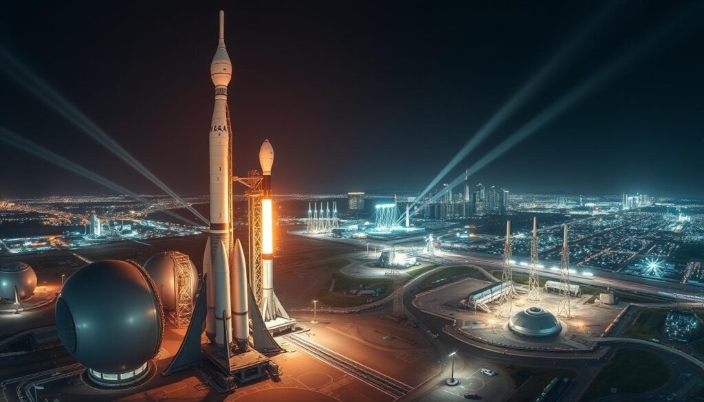 A sweeping panoramic view of a futuristic spaceport on the outskirts of a sprawling metropolis. In the foreground, massive rocket engines stand tall, their fiery ignition lighting up the night sky. Sleek, silver spacecraft sit on launch pads, ready to embark on interplanetary missions. The middle ground is dotted with control towers, research facilities, and launch platforms, all bustling with activity. In the background, the shimmering cityscape stretches out, its skyscrapers reaching up towards the stars. Beams of searchlights crisscross the scene, casting dramatic shadows and imbuing the environment with a sense of technological grandeur and unwavering ambition. The mood is one of boundless possibility, as Bavaria's financial commitment to the space industry paves the way for a new era of space exploration.