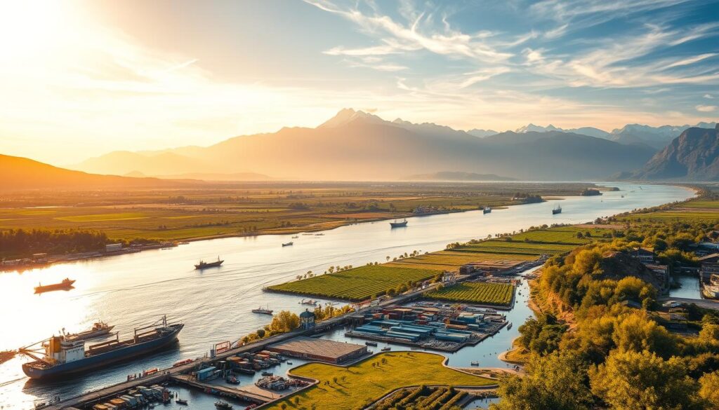 A sweeping riverside landscape, illuminated by golden sunlight filtering through wispy clouds. In the foreground, bustling activity along the riverbanks - cargo ships unloading their goods, fishermen casting their nets, and docks teeming with commerce. The middle ground reveals verdant farmlands and orchards, their crops nourished by the river's life-giving waters. Further in the distance, towering mountains rise, their snow-capped peaks mirrored in the tranquil flow of the mighty river. The scene exudes a sense of thriving economic vitality, underscoring the river's vital role as a conduit for trade, agriculture, and sustainable resource management.