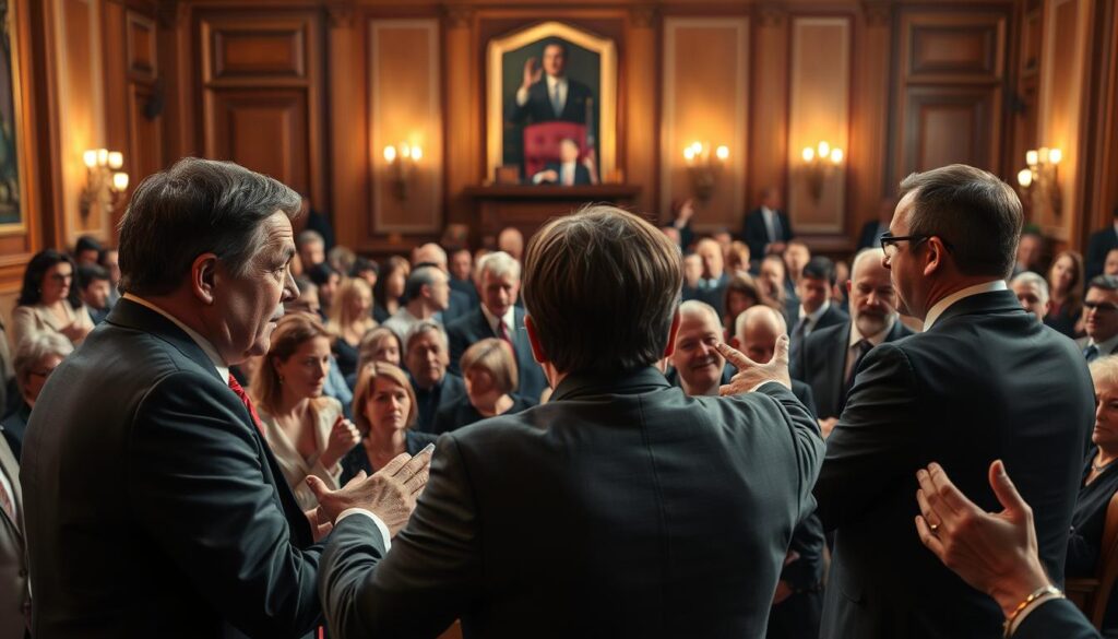 A tense political debate unfolds in a stately government chamber, the air thick with opposing views and heated rhetoric. In the foreground, lawmakers passionately argue, their gestures animated and expressions intense. The middle ground reveals a divided audience, some nodding in agreement, others shaking their heads vehemently. The background is bathed in a warm, dramatic lighting that casts dramatic shadows, adding a sense of gravity to the scene. The overall atmosphere is one of high-stakes drama, as the political process grapples with a contentious new bill.
