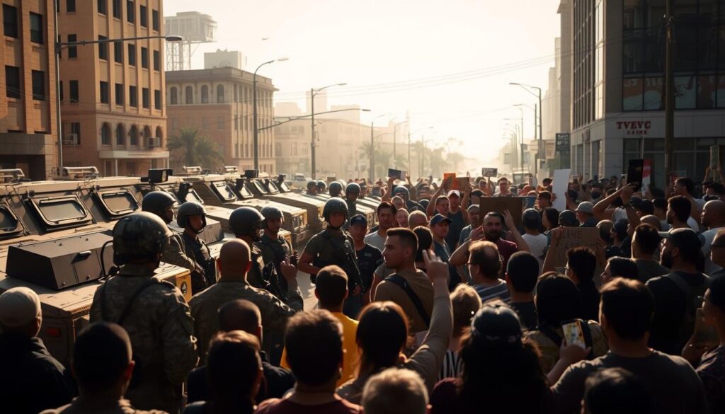 A tense standoff between California's National Guard and a crowd of protesters gathered to oppose an ICE raid. Armored vehicles and riot-equipped soldiers stand vigilant, their expressions resolute yet cautious, as the demonstrators, some with hands raised, confront them against a backdrop of urban architecture. Diffused sunlight casts long shadows, creating a somber, high-contrast atmosphere that heightens the sense of conflict and civic unrest. The scene conveys the gravity of the situation, where the power of the state clashes with the will of the people, captured with cinematic flair and an unsettling sense of uncertainty.