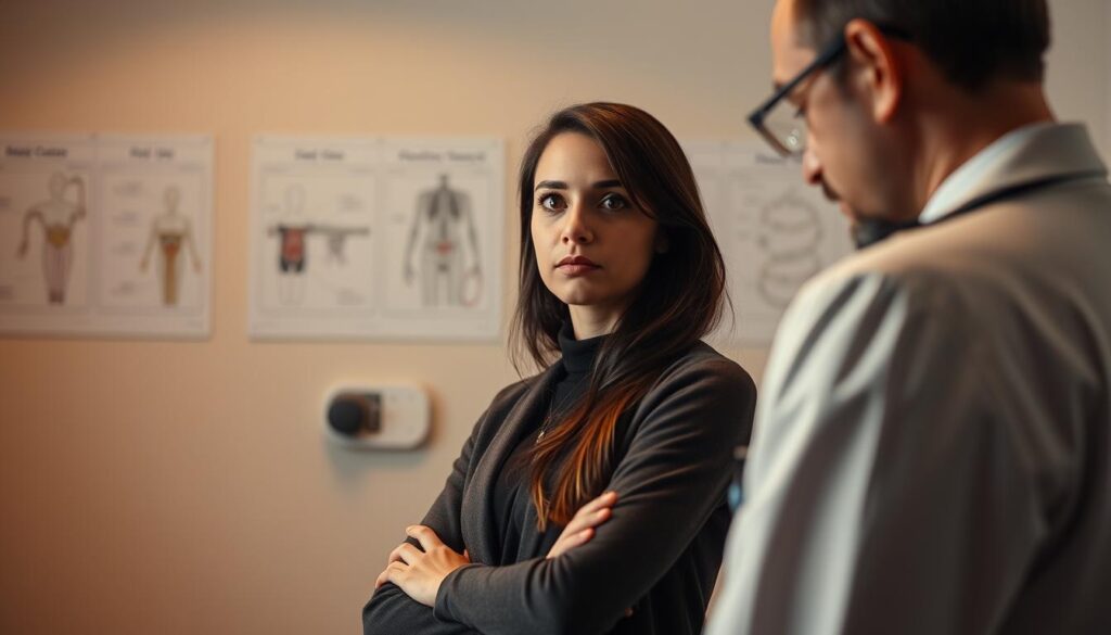 A thoughtful young woman stands before a gynecologist, her expression pensive as they discuss the challenges of conceiving with cervical cancer. The clinical setting is bathed in warm, soft lighting, creating an atmosphere of empathy and understanding. The woman's pose is confident yet vulnerable, reflecting the gravity of her situation. In the background, subtle medical diagrams suggest the complexities of her condition. The scene conveys the emotional journey of navigating fertility desires amidst a serious health concern, captured with sensitivity and nuance.