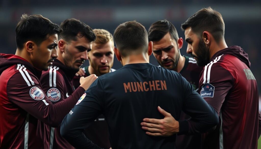 A tightly framed shot of the Bayern Munich players huddled together, their faces etched with concern, as they react to a teammate's injury on the pitch. The lighting is somber, with muted tones and shadows accentuating the palpable tension. The camera angle is slightly elevated, giving a sense of the players' vulnerability and the gravity of the situation. The focus is on the players' expressions, capturing the worry, empathy, and determination to support their injured comrade. The background is blurred, keeping the attention firmly on the team's emotional response and the impact of the injury on their collective psyche.