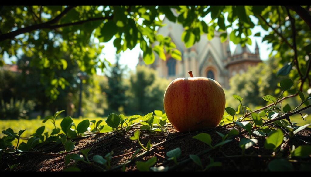 A timeless biblical symbol, an apple nestled within a lush, verdant garden. Dappled sunlight filters through the canopy, casting a warm, ethereal glow. The fruit, tactile and inviting, stands as a metaphor for temptation, knowledge, and the human condition. Delicate tendrils of ivy creep along the ground, adding a sense of age and mystery. In the background, a vaulted cathedral-like structure, its ornate architecture hinting at the deep cultural significance of this iconic motif. Subtle shadows and highlights accentuate the apple's form, drawing the viewer's eye to the heart of this symbolic still life. An evocative and thought-provoking composition, capturing the essence of the "Bibel Apfel" and its enduring influence.