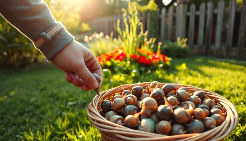 A tranquil garden setting, the sun's warm glow casting a soft light across a lush, verdant landscape. In the foreground, a person carefully collects a variety of garden snails, their delicate shells glistening as they are gently placed into a basket. The middle ground features a well-tended flower bed, its vibrant blooms adding a splash of color to the scene. In the background, a wooden fence frames the serene, peaceful atmosphere, hinting at the quiet solitude of the task at hand. The overall mood is one of gentle care and appreciation for the natural world, inviting the viewer to participate in the satisfying, environmentally-friendly practice of snail collection.