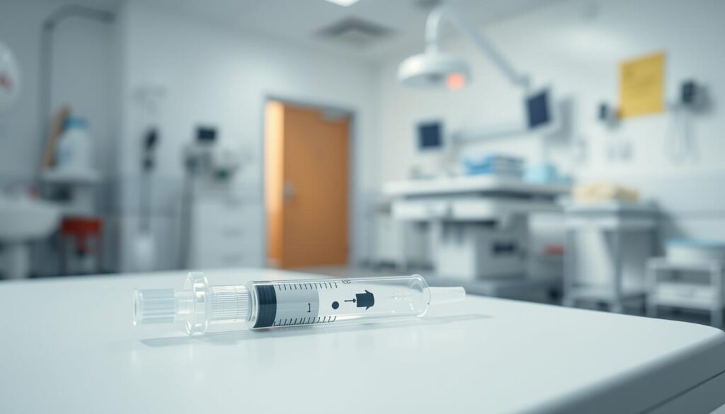 A tranquil hospital room with a focus on a plastic syringe or medical device resting on a sterile white surface. The lighting is soft and natural, highlighting the transparent quality of the plastic and the medical purpose it serves. In the background, a blurred view of medical equipment and supplies conveys the healthcare setting. The overall mood is one of precision, cleanliness, and the intersection of health and synthetic materials. The composition emphasizes the importance of plastic in modern medicine, while also suggesting the potential impact on human wellbeing.